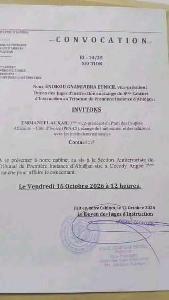 une vue de la convocation adressée à Emmanuel Ackah